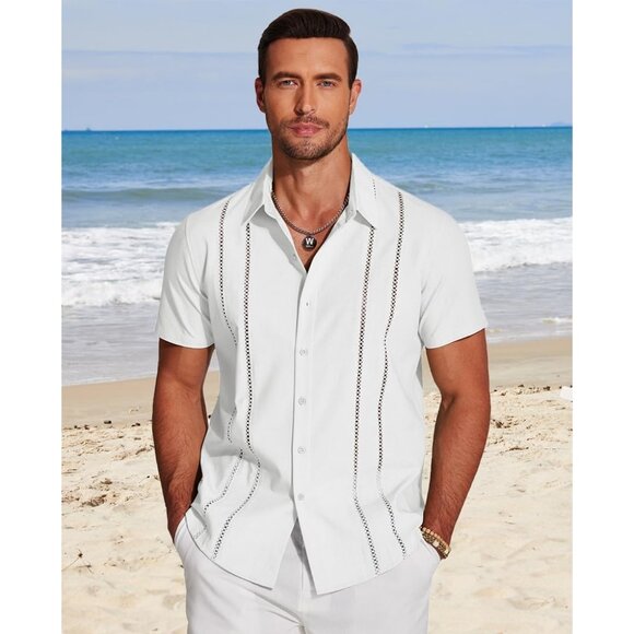 Men White Short Sleeve Button Up Casual Shirt With Embroidery Summer Top - Picture 1 of 6